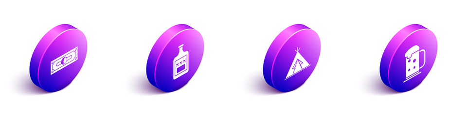 Set Isometric Stacks paper money cash, Whiskey bottle, Indian teepee or wigwam and Wooden beer mug icon. Vector. © Vadim