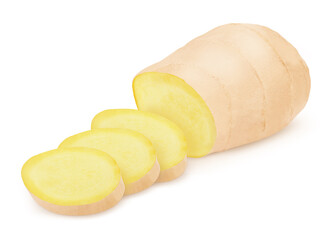 Cutted ginger isolated on a white background.