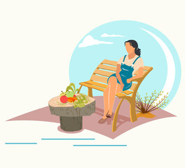 Gardening and harvesting, woman resting in the garden after harvest.Flat vector illustration. 
