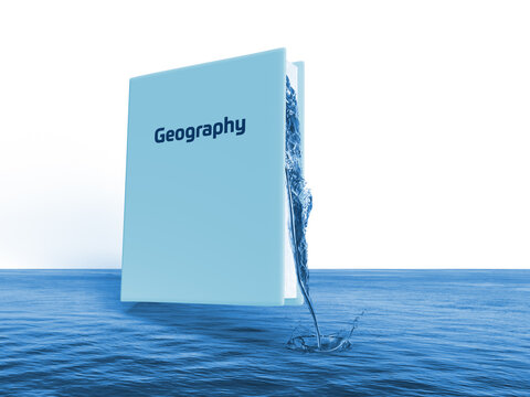 Geography Book With A Water Drop. Fun, Modern Background For Back To School. Illustration 3d
