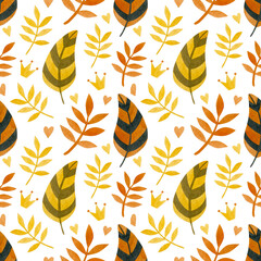 Autumn watercolor seamless pattern of leaves, crowns, hearts, feathers.