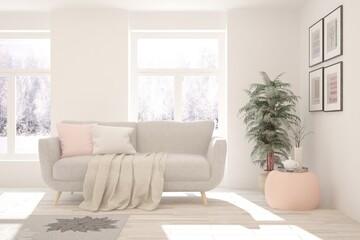 White room with sofa and winter landscape in window. Scandinavian interior design. 3D illustration