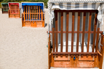 Empty sun chairs on the Baltic Sea beach. Grossenbrode, Schleswig-Holstein, Germany