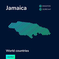 Vector creative digital neon flat line art abstract simple map of Jamaica with green, mint, turquoise striped texture  on dark blue background. Educational banner, poster about Jamaica