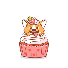 Funny corgi dog in a cupcake, decorated with strawberries. It can be used for menu, brochures, poster, sticker etc. Vector image isolated on white background.