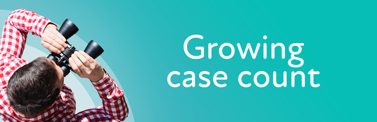 Fototapeta premium Growing case count. Businessman (man) looks through binoculars. Birds eye view. Focus on text. Blue Background. Business, Finance, Statistics, Analysis, Economy