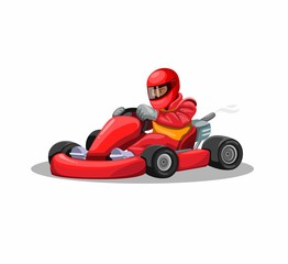 Go kart racer character in red uniform. professional driving race sport competition in cartoon illustration vector on white background - obrazy, fototapety, plakaty