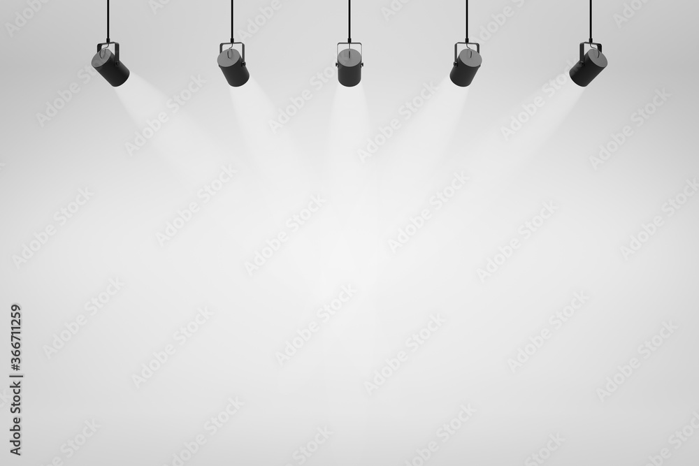 Poster Empty white studio backdrops and spotlight on entertainment room background with showing scene. White product display or blank room. 3D rendering.