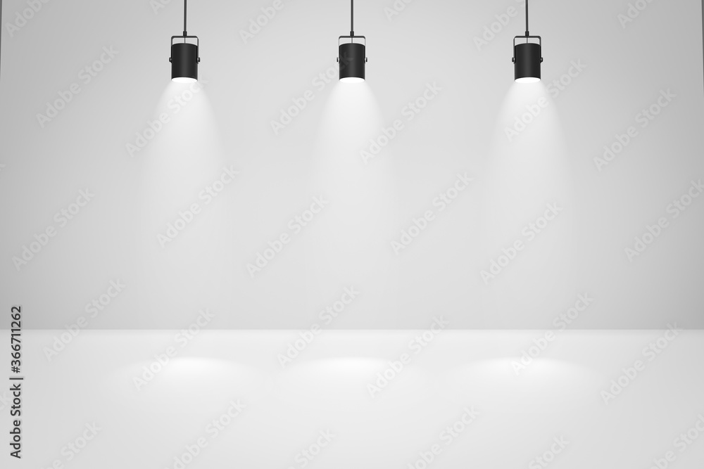 Fototapete empty white studio backdrops and spotlight on entertainment room background with showing scene. whit