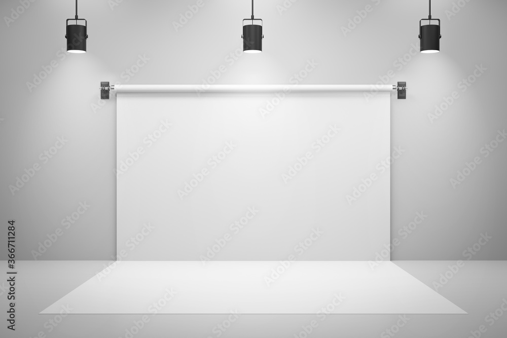Fototapete empty white studio backdrops and spotlight on entertainment room background with showing scene. whit
