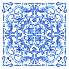 Fototapeta premium Azulejos - Portuguese tiles blue watercolor pattern. Traditional tribal ornament. Capri Maiolica