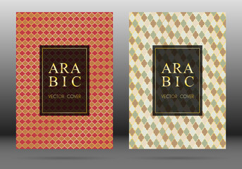 Islamic pattern vector cover page layout design collection in arabic style mosaic in gold grid. Islamic background, moroccan, turkish, persian, ottoman pattern vector template. Architectural motifs.
