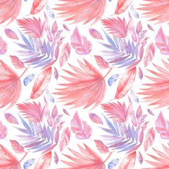 Seamless patterns. Watercolor pink and lilac, coral color, tropical leaves