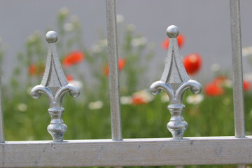 Edelstahlzaun Classic mit Lilien Zaun Kirchenzaun mit Blumen Mohn Margeriten Blumenwiese Metallzaun