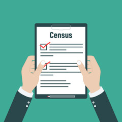 Census. Clipboard in pen in hand. Vector illustration flat design. Folder with documents.