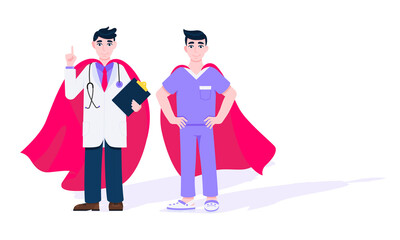 Two doctors with hero cape behind hospital medical employee fight against diseases and viruses on frontline flat style design vector illustration. Doctor physician medical clinic staff new hero.