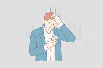 Depression, fatigue, mental stress, frustration concept. Young depressed frustrated stressful businessman clerk manager holding smartphone. Psychological problems or headache and bad news illustration
