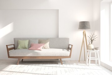 White modern room with sofa. Scandinavian interior design. 3D illustration