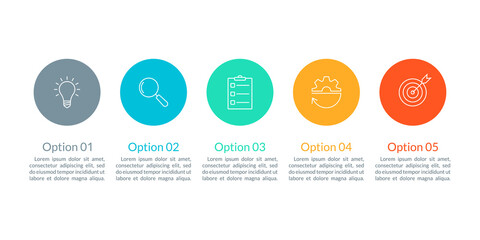 5 steps, option or levels info graphic design with five business icons. Modern elements for presentation, workflow layout, timeline infographics. Vector illustration.