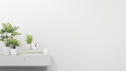Plant in flower pot on desk near empty wall. 3d rendering of white home interior.