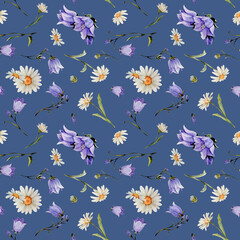 Watercolor seamless pattern with bluebells flowers, chamomile, arrangements, leaves and herbs