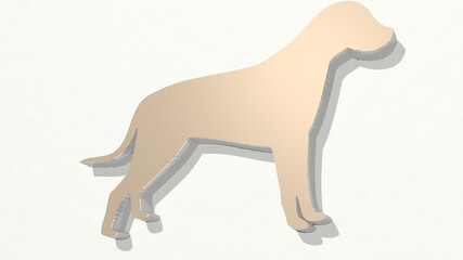 DOG from a perspective on the wall. A thick sculpture made of metallic materials of 3D rendering. animal and cute
