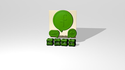 3D representation of CHAT with icon on the wall and text arranged by metallic cubic letters on a mirror floor for concept meaning and slideshow presentation. illustration and communication