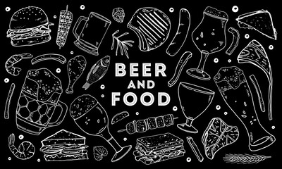 Beer and food set. Drink glasses, burger, sandwiches, meat, sea food. Hand drawn outline vector sketch illustration on black background