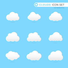 Clouds icon on blue clear sky background paper flat style cartoon with shadow.