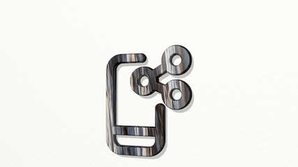 PHONE ACTION SHARE on the wall. 3D illustration of metallic sculpture over a white background with mild texture. mobile and business