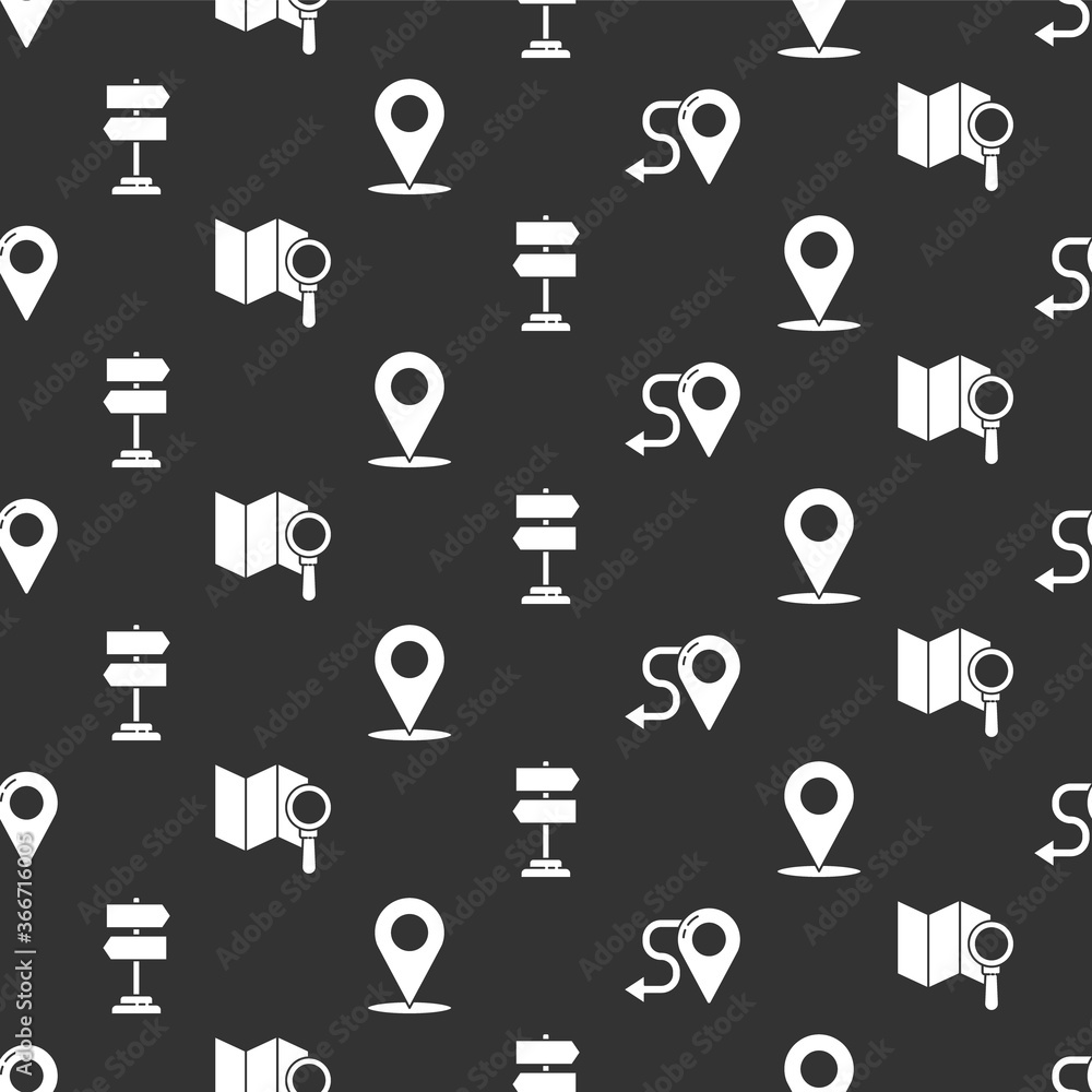 Poster set route location, search location, road traffic sign and location on seamless pattern. vector.