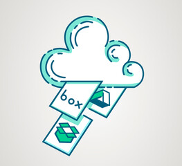 Cloud storage logo. File repository icon. Hosting service banner. Synchronize documents. Hand drawn design. Vector illustration.