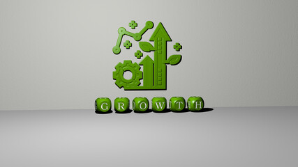 3D illustration of growth graphics and text made by metallic dice letters for the related meanings of the concept and presentations. background and business
