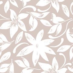 Fototapeta premium Abstract hand drawn seamless pattern of floral ornament flowers, leaves, branches, curls, flowing lines. Decorative vector illustration for greeting card, invitation, wallpaper, wrapping paper, fabric