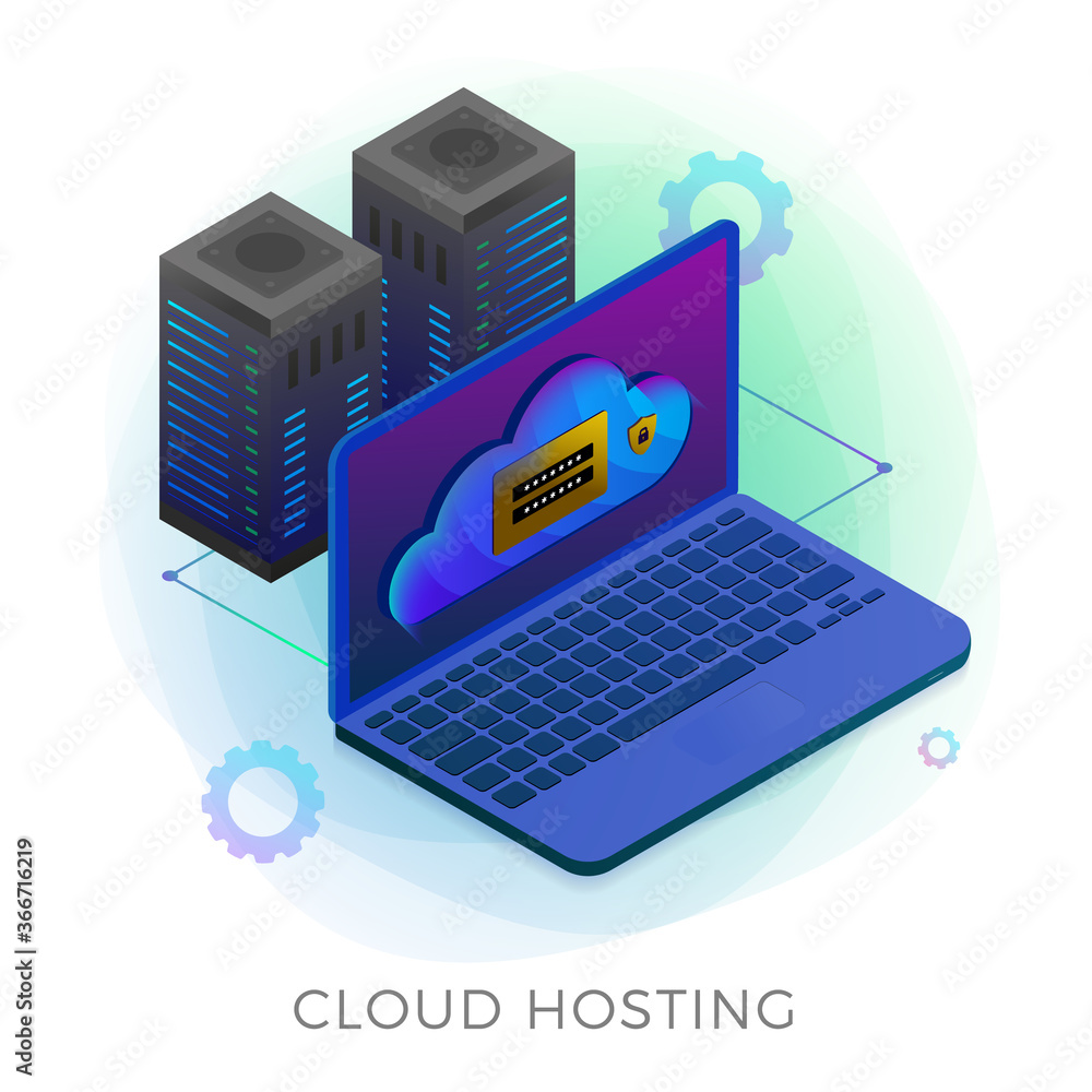 Poster cloud hosting - private and security web storage data center icon. online cloud computing technology