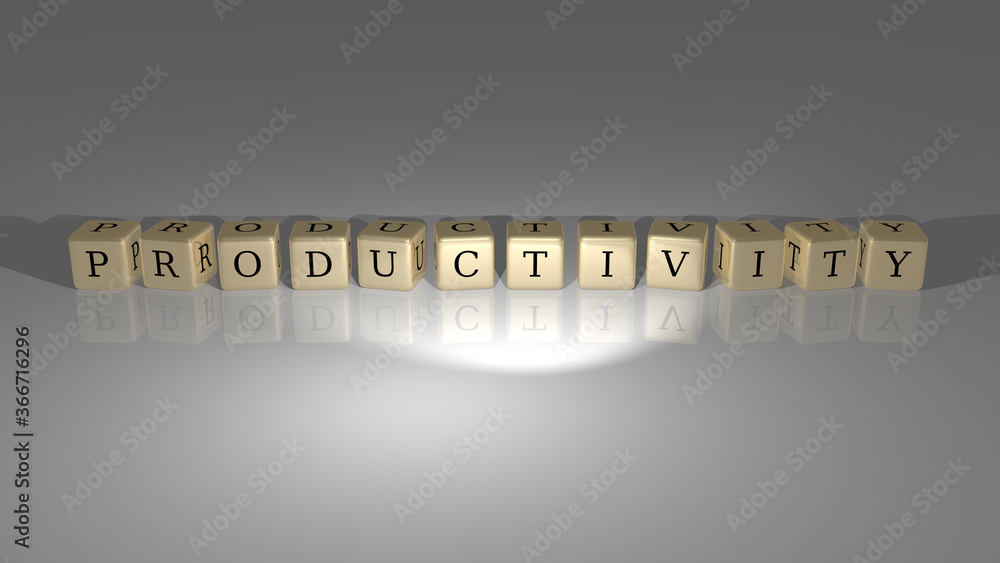 Poster 3d illustration of productivity graphics and text made by metallic dice letters for the related mean