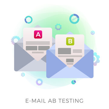 Email AB testing flat vector icon concept. Two promotional mails with a different web development UI interface. E-mail A-B split comparison test with positive feedback