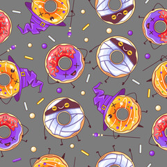 Naklejka premium Seamless halloween pattern with funny kawaii sweet spooky donuts. Halloween background. Vector illustration
