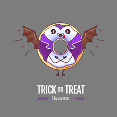 Halloween Kawaii funny donut Count Dracula. Sweet fast food vector illustration. Halloween Graphic print sign