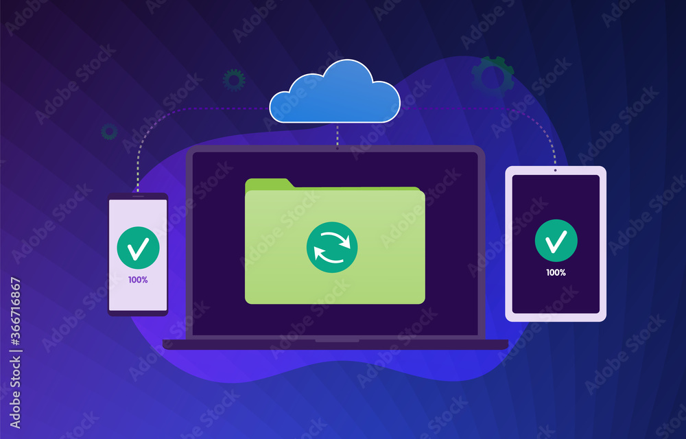 Poster cloud data backup sync flat vector modern illustration. cloud computing storage network connected an