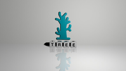 3D illustration of tree graphics and text made by metallic dice letters for the related meanings of the concept and presentations. background and christmas