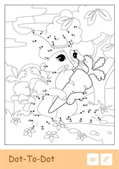 Colorless vector contour illustration of bunny in a hat picking carrots in a wood isolated on white background. Wild animals preschool kids coloring pages and developmental activity.