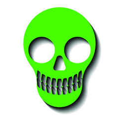 Green smiling skull and black shadow on a white background, sign for design, vector illustration