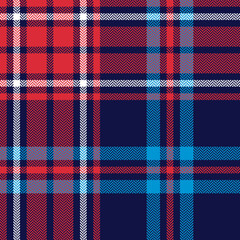 Tartan check plaid pattern in blue, red, white. Seamless herringbone textured dark Scottish plaid for flannel shirt, skirt, blanket, duvet cover, or other autumn winter textile print.
