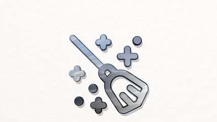 HALLOWEEN BROOM on the wall. 3D illustration of metallic sculpture over a white background with mild texture. black and autumn © Ali