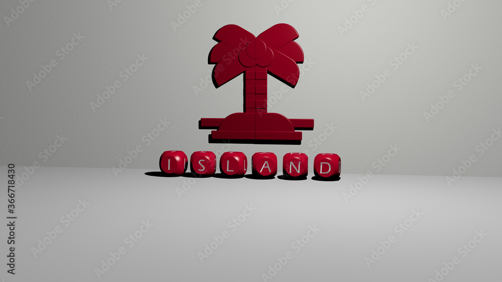 Poster 3d graphical image of island vertically along with text built by metallic cubic letters from the top