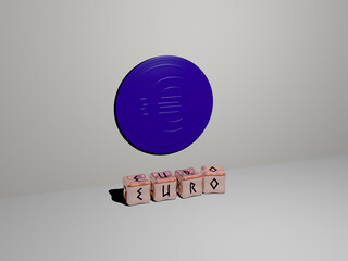 3D representation of euro with icon on the wall and text arranged by metallic cubic letters on a mirror floor for concept meaning and slideshow presentation. business and background