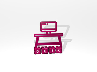 3D illustration of DESK graphics and text made by metallic dice letters for the related meanings of the concept and presentations. business and background