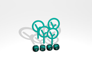 3D representation of TREE with icon on the wall and text arranged by metallic cubic letters on a mirror floor for concept meaning and slideshow presentation. background and christmas