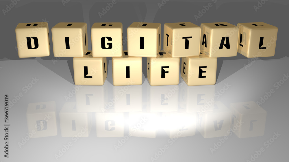 Poster 3d representation of digital life with icon on the wall and text arranged by metallic cubic letters 